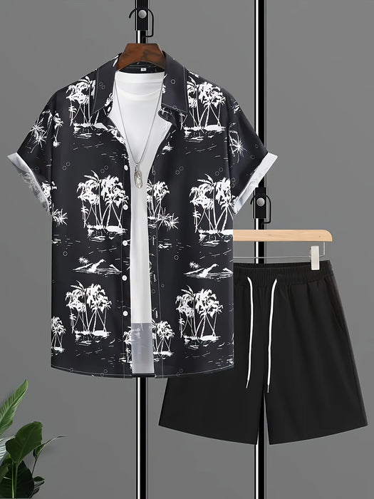 Men'S Casual Summer Tropical Print Short Sleeve Shirt & Drawstring Shorts Set - Comfortable Polyester Fabric, White with Blue Palm Tree Design, Perfect for Beach, Vacation, or Everyday Wear, Vacation Attire|Tropical Print Shi