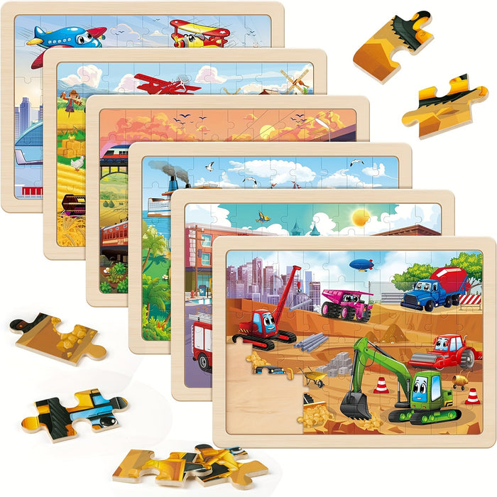 SYNARRY Wooden Car Puzzles For Children, 6 Packs Of 60 Pieces Puzzle Preschool Education Toy Gift For Boys And Girls