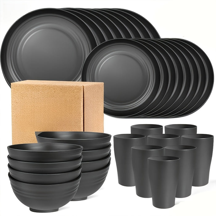 16pcs/set of indestructible plates, shatterproof tableware set, microwave dishwasher safe, reusable tableware, black set of 8 plates, 4 bowls, 4 cups - suitable for camping and daily use