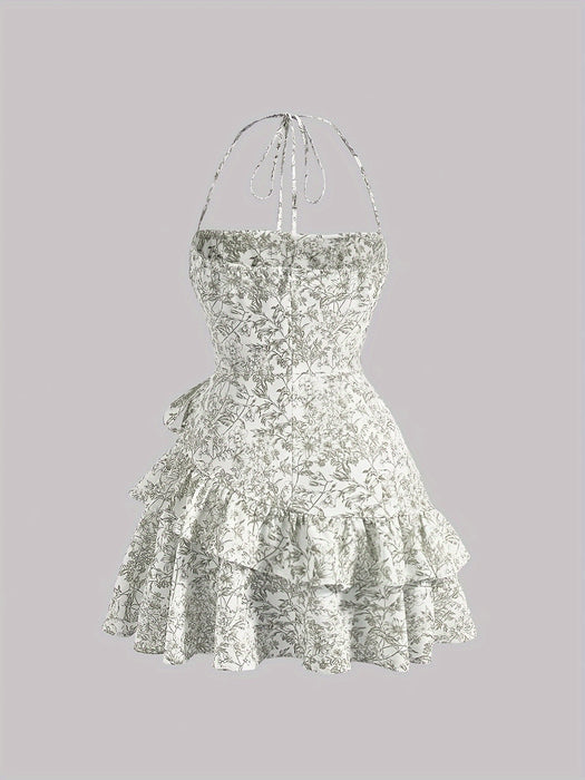 Floral Print Layered Ruffle Hem Halter Dress - Sleeveless Summer Dress for Women