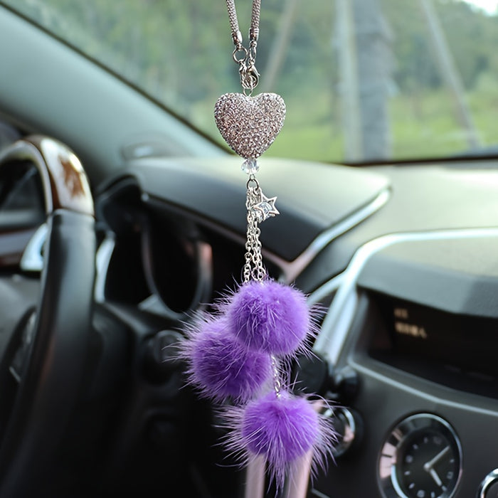 Sparkling Heart Rhinestone Car Ornament: Plush Ball & Heart Design for Women & Girls