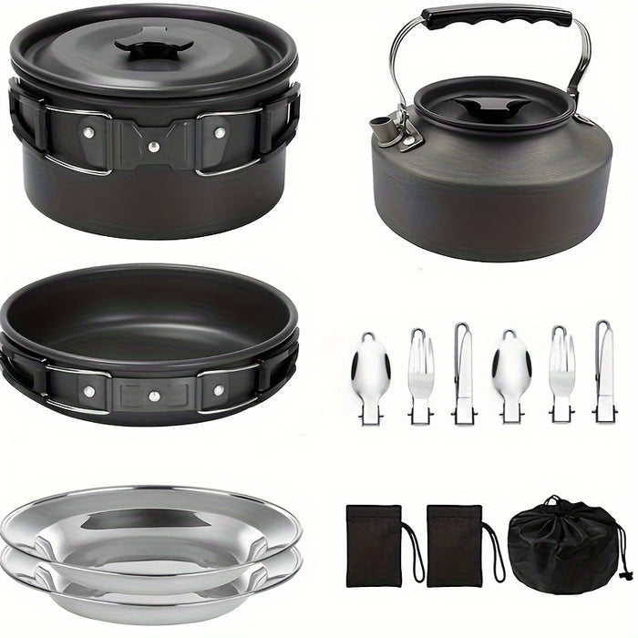 Kettle set pot 2-3 people camping pot and pan outdoor camping cookware portable combination pot set camping tableware, easy to carry and occupy little space, cooking pot, frying pan, kettle, two sets of knives and forks, fold
