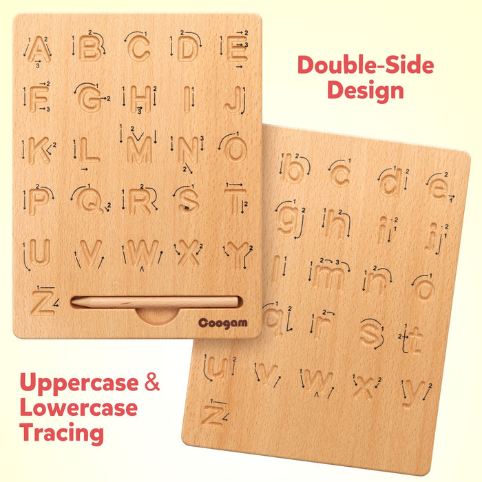 Coogam Wooden Letters Practicing Board - Double-Sided Alphabet Tracing Tool - Educational Toy Game for Fine Motor Skills - For Preschool Kids Aged 3-5 Years - Perfect Gift for Learning ABCs