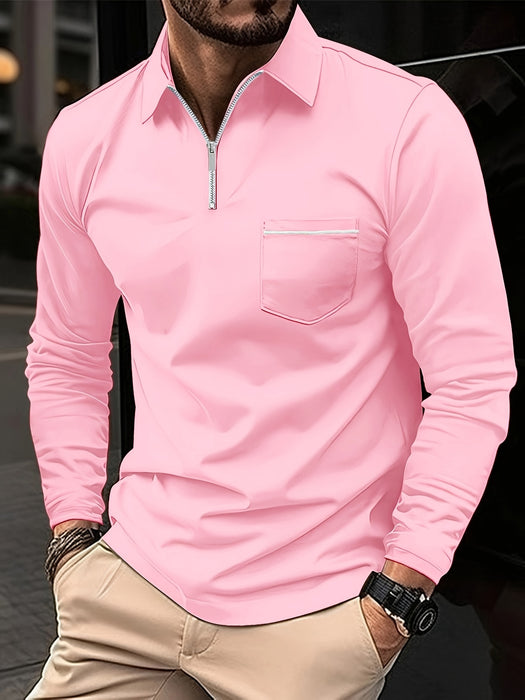 Men's Casual Long Sleeve Zipper Lapel Shirt with Chest Pocket, Spring/Fall Outdoor Wear