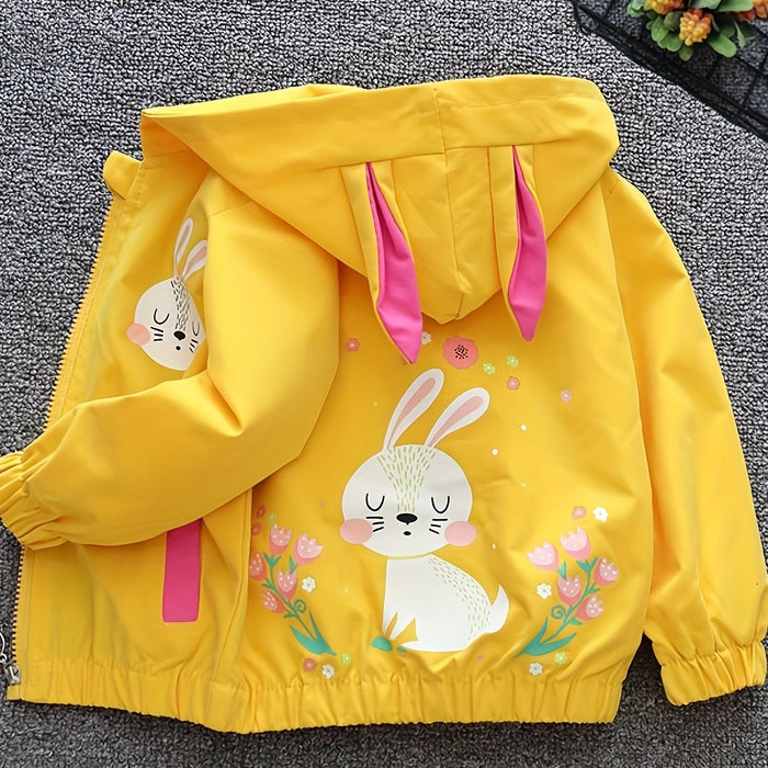 Girls' Spring/Autumn Hooded Coat With Lining, Cute Cartoon Rabbit And Flowers Pattern Clothing For Outdoor Activities