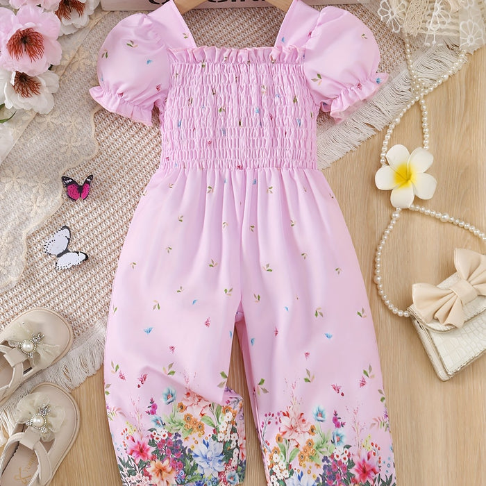 Elegant Floral Print Romper for Youngsters - Casual Retro Style with Puff Sleeves, Polyester, Non-Stretch Fabric, Square Neckline, Spring/Summer Wear, Romper for Girls, for Outdoor