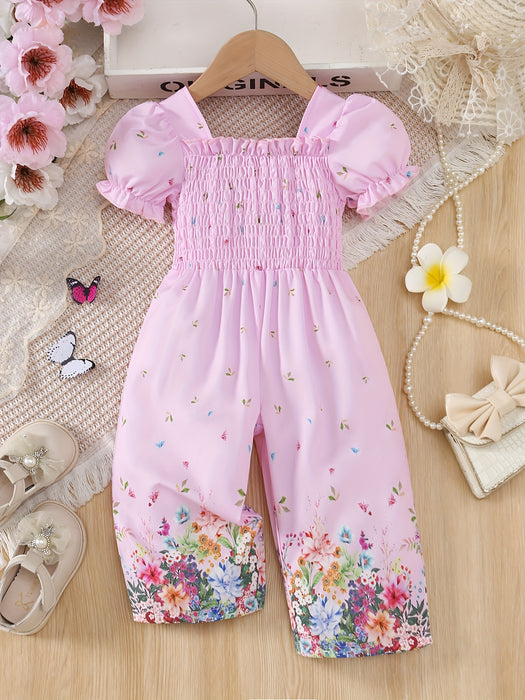Elegant Floral Print Romper for Youngsters - Casual Retro Style with Puff Sleeves, Polyester, Non-Stretch Fabric, Square Neckline, Spring/Summer Wear, Romper for Girls, for Outdoor