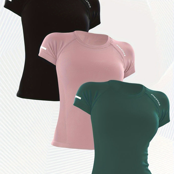 3pcs Women's Athletic T-Shirts - High Stretch, Breathable Nylon Short Sleeve Yoga & Fitness Tops with Letter Design in Black, Gray, and Teal