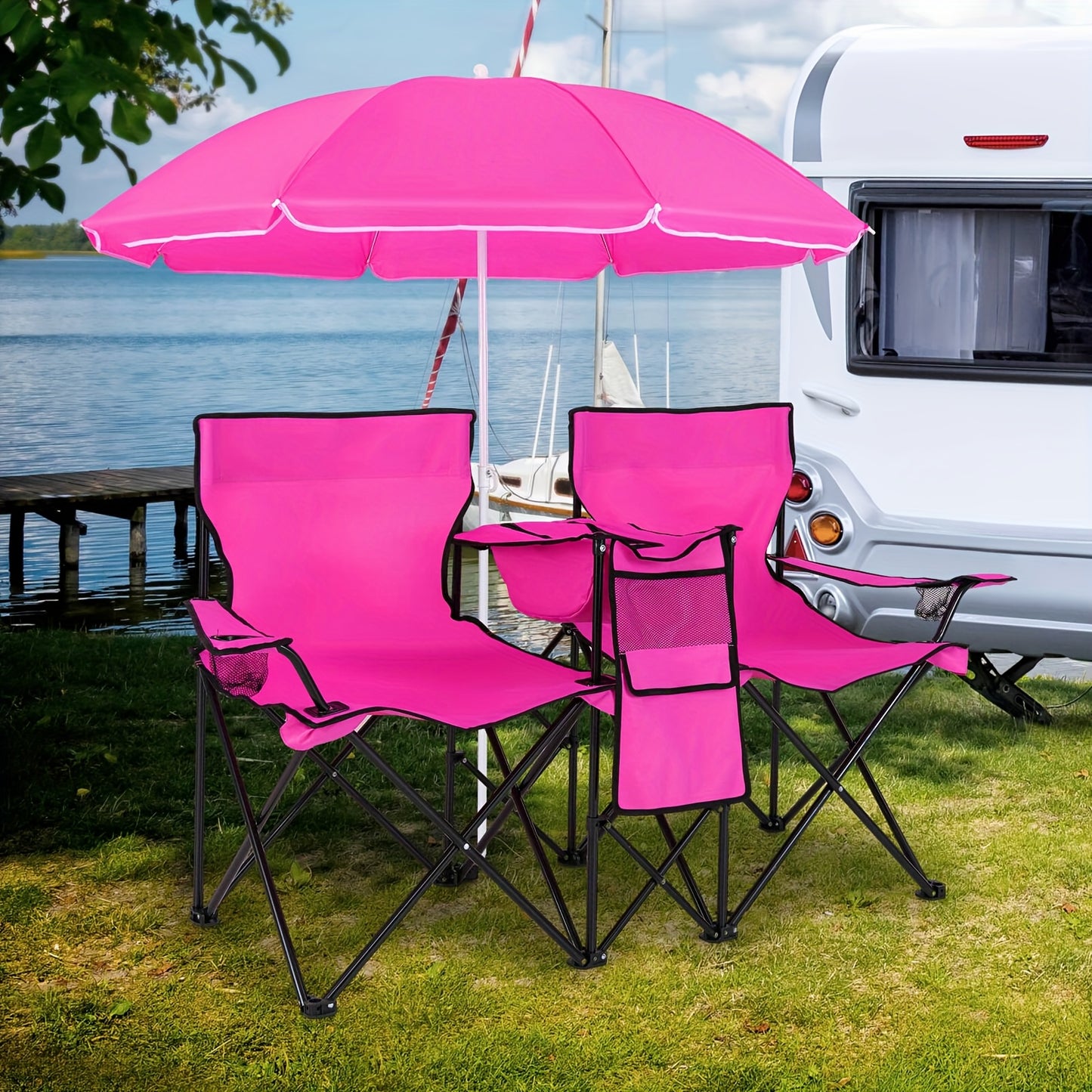 Portable Folding Picnic Double Chair W/Umbrella Table Cooler Beach Camping