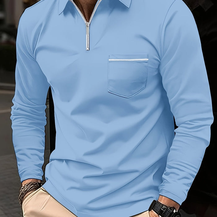 Men's Casual Long Sleeve Zipper Lapel Shirt with Chest Pocket, Spring/Fall Outdoor Wear
