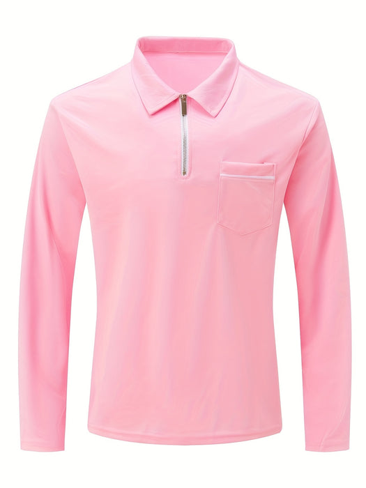 Men's Casual Long Sleeve Zipper Lapel Shirt with Chest Pocket, Spring/Fall Outdoor Wear