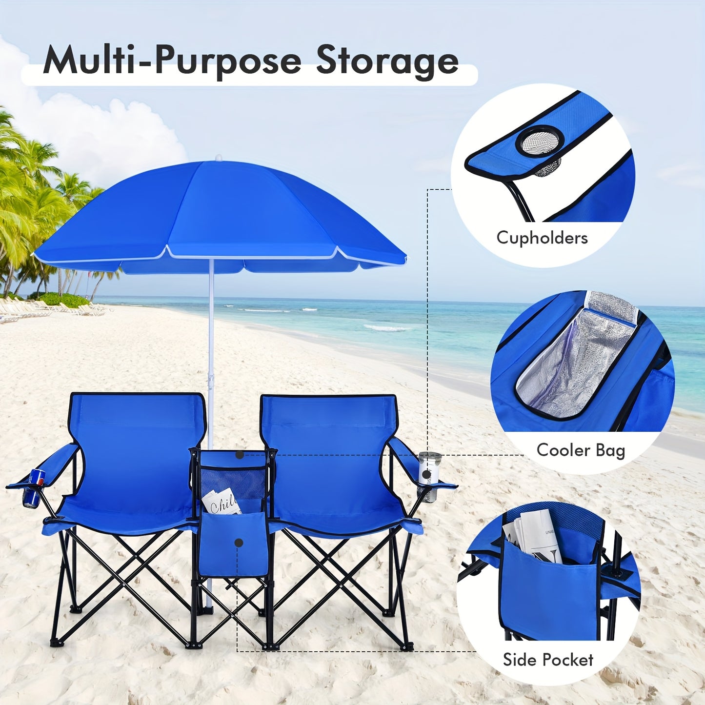 Portable Folding Picnic Double Chair W/Umbrella Table Cooler Beach Camping