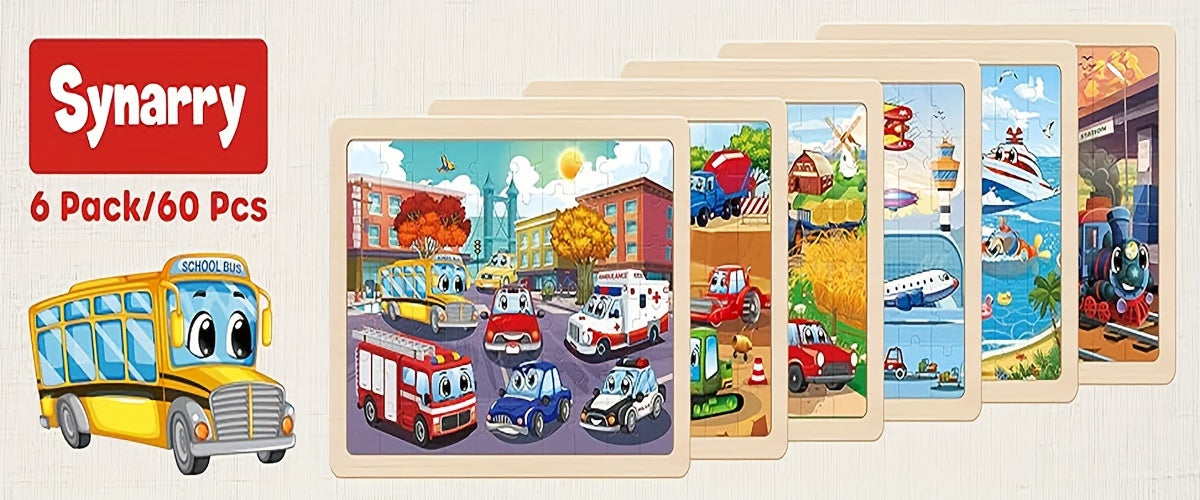 SYNARRY Wooden Car Puzzles For Children, 6 Packs Of 60 Pieces Puzzle Preschool Education Toy Gift For Boys And Girls
