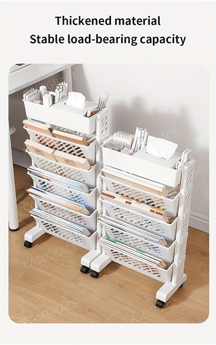 1pc Five-Level Bookshelf Shelf, Movable Desk Side Bookshelf, Floor Desk Small Cart, Book Storage Shelf, Office Study Supplies Storage Rack, Pen Holder, Lesson Book, Document Storage, Office Supplies