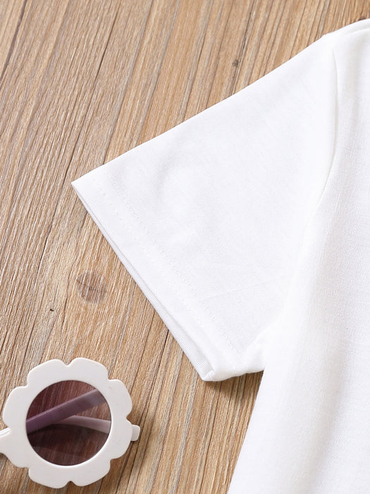 2pcs Toddler Girls Easter Cartoon Bunny Graphic T-Shirts Round Neck Short Sleeve Tees Top & Elastic Waist Belted Stripe Shorts Set Kids Summer Outdoor Clothes