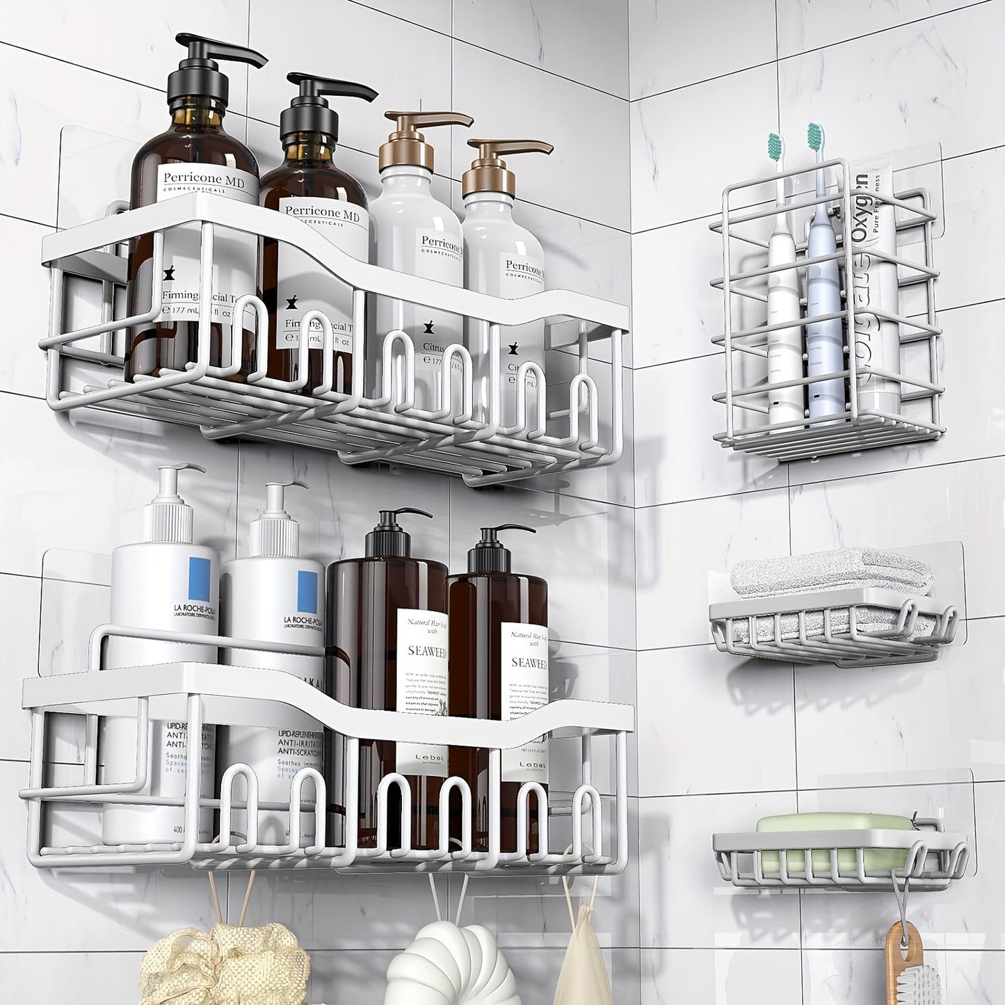 Adhesive Shower Caddy, 5 Pack Rustproof Stainless Steel Bath Organizers With Large Capacity, No Drilling Shelves For Bathroom Storage & Home Decor