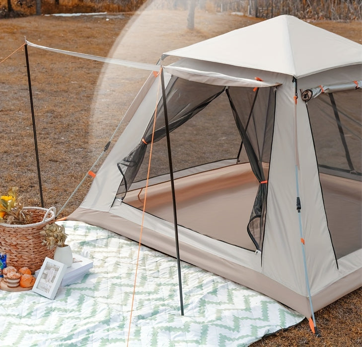 8-Person Family Camping Tent with Canopy - Quick Setup, Mosquito Netting, Windproof, All-Season, Beige, UV Protection, Multi-Band Sunshade, Durable Oxford Fabric, Perfect for Outdoor Adventures, Campers Accessories
