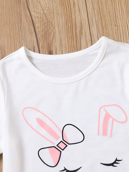 2pcs Toddler Girls Easter Cartoon Bunny Graphic T-Shirts Round Neck Short Sleeve Tees Top & Elastic Waist Belted Stripe Shorts Set Kids Summer Outdoor Clothes