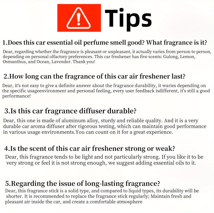 Car Air Freshener Vent Clip with Essential Oil Scents - Aromatherapy Diffuser for Refreshing Fragrance - 5 Scent Sticks and Holder