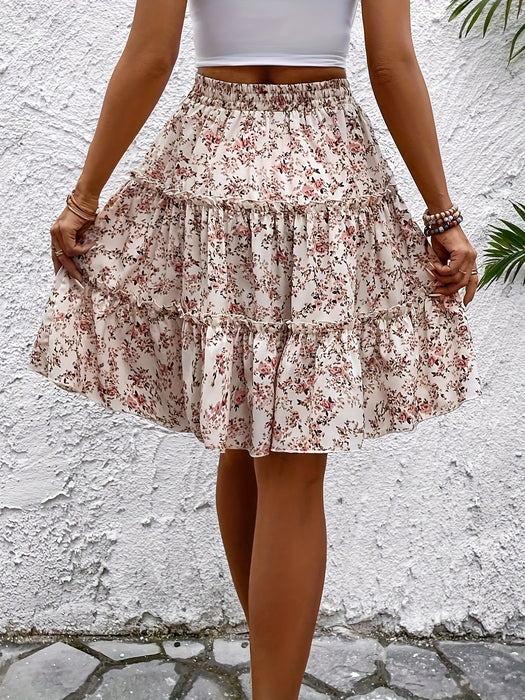 Floral Print Elastic Waist Skirt, Elegant Tiered Knee Length A-line Skirt For Spring & Summer, Women's Clothing