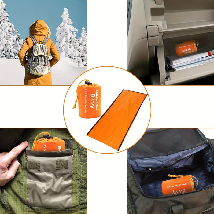 Lightweight & Portable Orange Emergency Sleeping Bag - Reusable, PE Material Survival Blanket with Drawstring Closure, Ideal for Camping, Hiking & Outdoor Rescue, 35.8x83.8 Inches, Camping Blanket