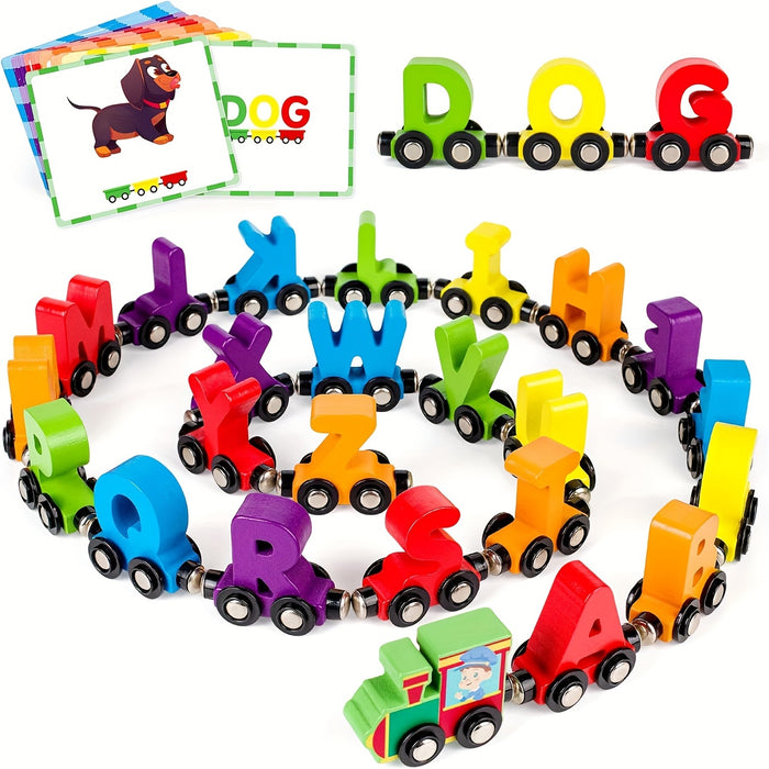 Vanmor 27 PCS Magnetic Wooden Alphabet Train Sets - ABC Letter Learning Toy Trains With 42 PCS Flash Cards, 1 Engine, 1 Storage Bag - Educational Toys for Toddlers Kids Boys Girls Ages 3-7 - Perfect Gift for Early Learning