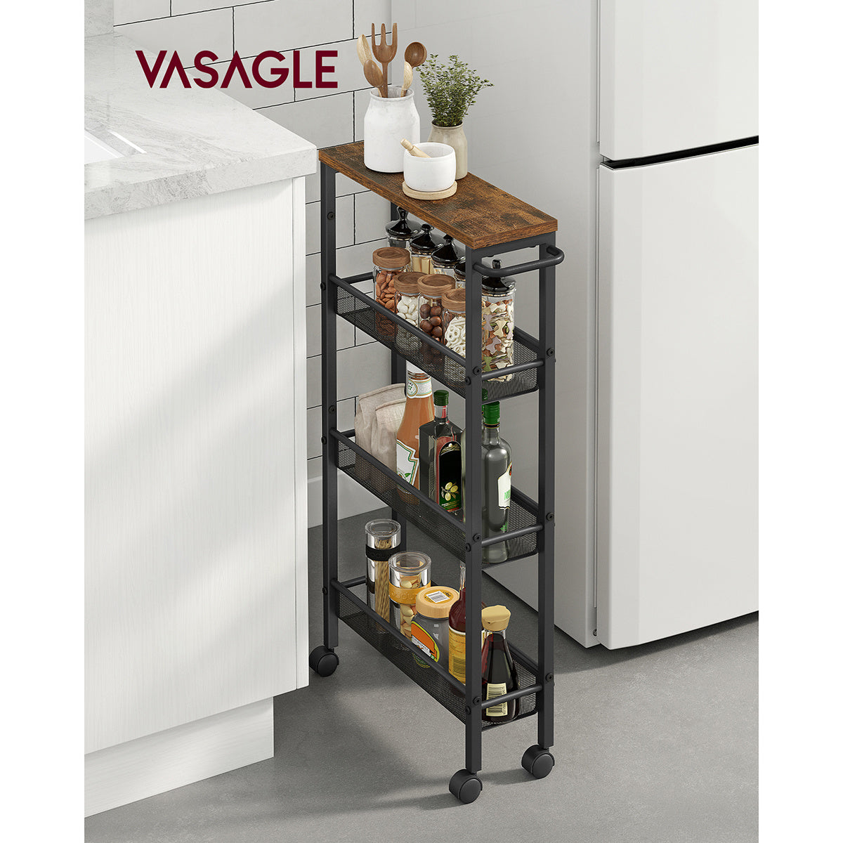 VASAGLE 4-Tier Steel Rolling Storage Cart with Hardwood Top, Rustic Brown & Black, Slim 5.1" Deep Organizer, with Wood-Based Panel & Metal Frame, for Kitchen, Dining, Living Room, Home Office