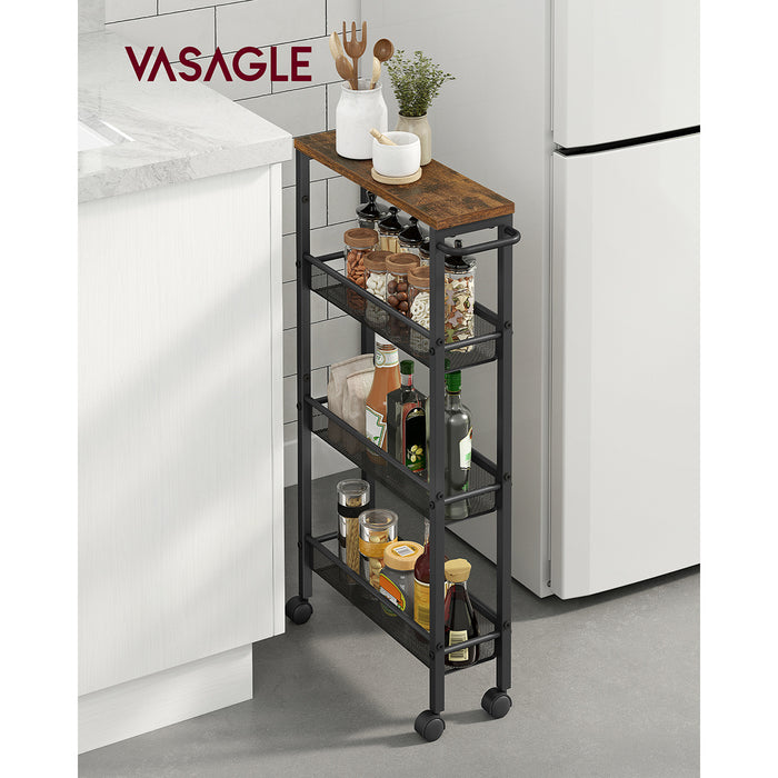 VASAGLE 4-Tier Steel Rolling Storage Cart with Hardwood Top, Rustic Brown & Black, Slim 5.1" Deep Organizer, with Wood-Based Panel & Metal Frame, for Kitchen, Dining, Living Room, Home Office