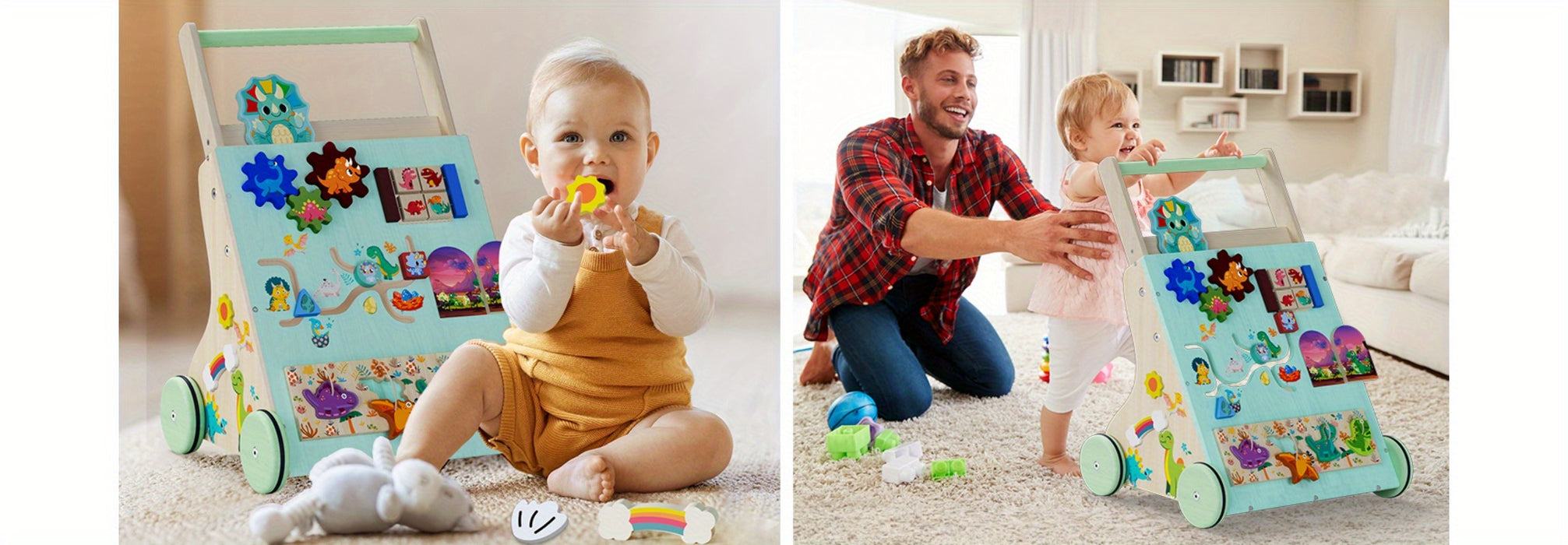 Wooden Baby Walker, Dinosaur Toddler Push Walker, Montessori Learning Activity Center for Boys Girls, Develops Motor Skills Sit-to-Stand Toys Multifunctional Educational Gifts for Kids Infant