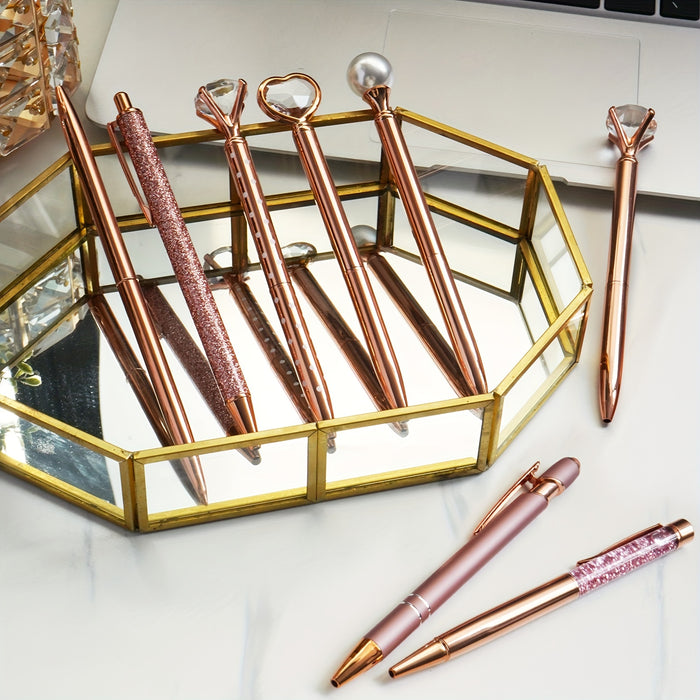 3/5/8pcs Rose Gold Ballpoint Pen Set Liquid Sand Glitter Metal Crystal Diamond shape Pen Girly Black Ink Pen Gifts for Wedding Office Desk Supplies