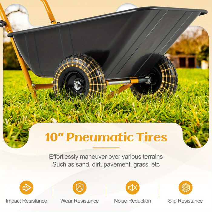 COSTWAY Dual-Wheel Wheelbarrow, Heavy-Duty Garden Utility Cart w/ Pneumatic Tires, 330 LBS Load Capacity, 21 Gal Volume, Foldable Handle, Yard Lawn Dump Cart for Moving Soil Gardening Tool Mulch Gravel.