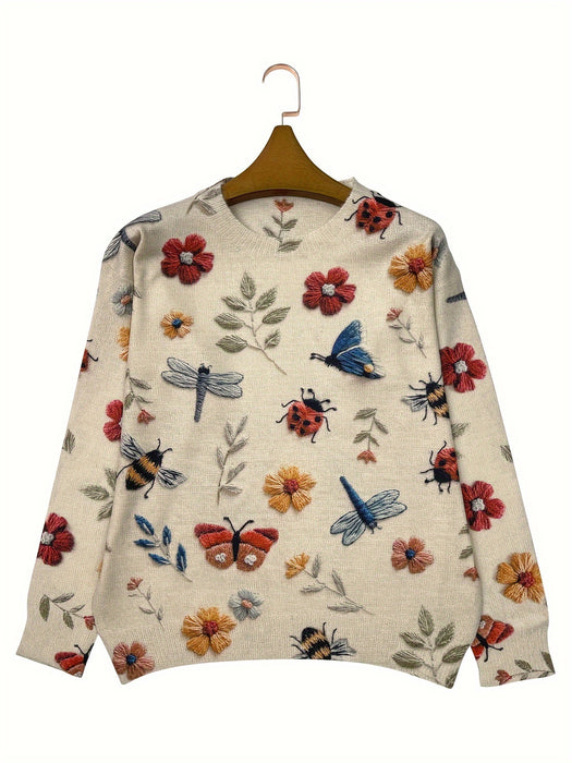 Lightweight Women'S Sweater with a Round Neck And Long Sleeves, Featuring an All-Over Printed 3D Insect Design, Stylish And Casual.