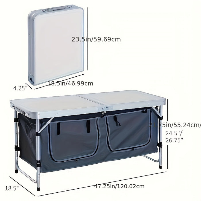 4ft Floral White MDF Tabletop Outdoor Folding Table Aluminum Frame Rectangular with Blue Cloth Cabinet 3 Height Adjustments