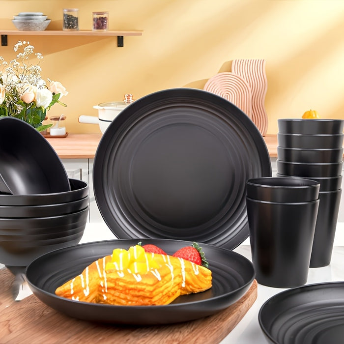 16pcs/set of indestructible plates, shatterproof tableware set, microwave dishwasher safe, reusable tableware, black set of 8 plates, 4 bowls, 4 cups - suitable for camping and daily use
