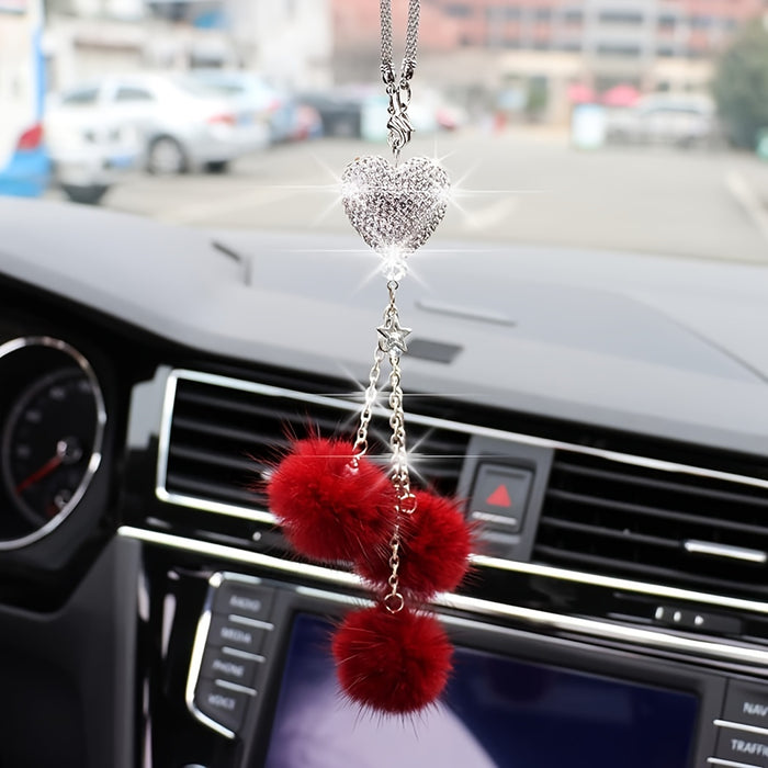 Sparkling Heart Rhinestone Car Ornament: Plush Ball & Heart Design for Women & Girls