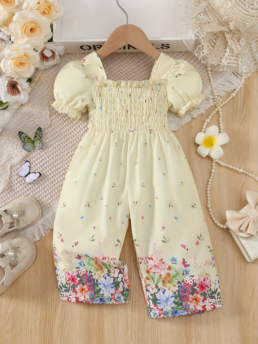 Elegant Floral Print Romper for Youngsters - Casual Retro Style with Puff Sleeves, Polyester, Non-Stretch Fabric, Square Neckline, Spring/Summer Wear, Romper for Girls, for Outdoor