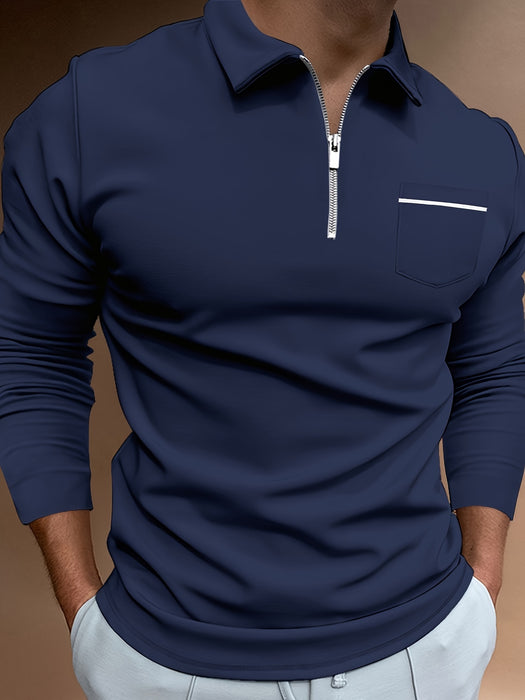 Men's Casual Long Sleeve Zipper Lapel Shirt with Chest Pocket, Spring/Fall Outdoor Wear