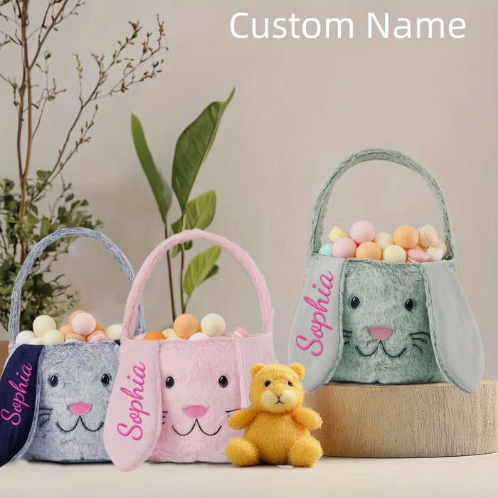 Customizable Easter Bunny Plush Basket with Embroidered Name - Soft Polyester Rabbit Ear Design Candy & Egg Hunt Basket, Perfect for Holiday Parties, Gifts, and Decorations (Blue, Pink, Beige)