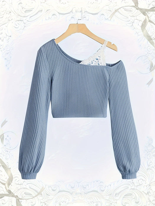 Elegant Light Blue Off-Shoulder Lace Trim T-Shirt - Floral Print, Long Sleeve, Ribbed Texture, Machine Washable - Chic Spring & Autumn Women's Top