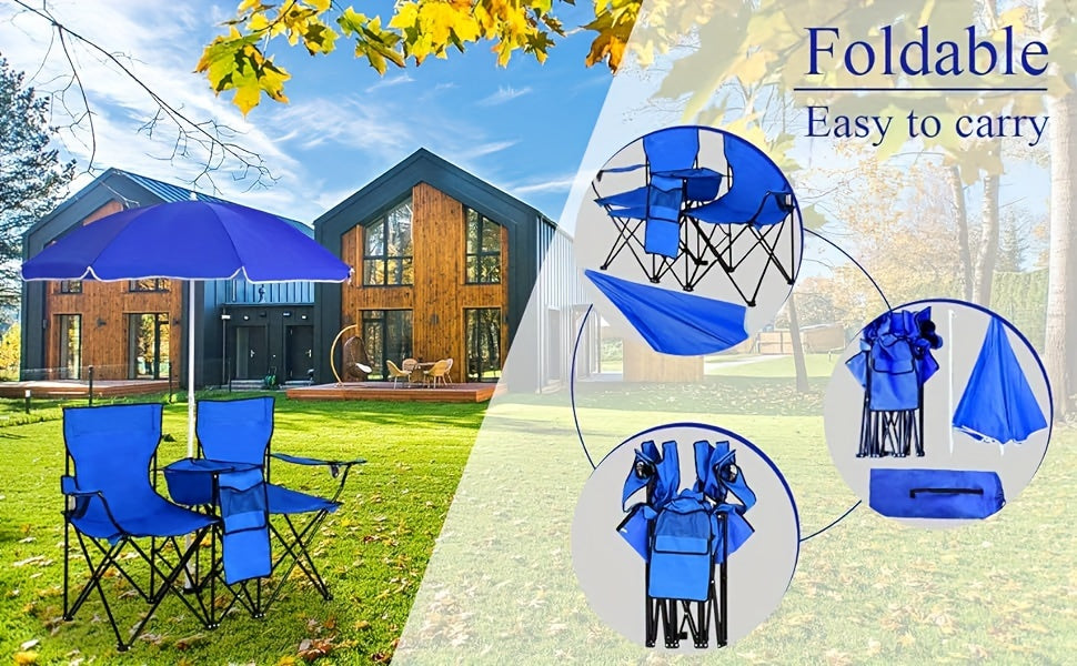 Portable Folding Picnic Double Chair W/Umbrella Table Cooler Beach Camping