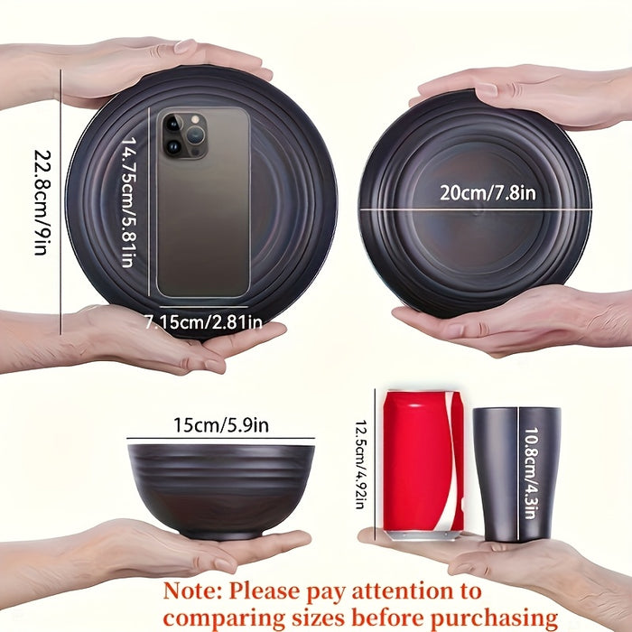 16pcs/set of indestructible plates, shatterproof tableware set, microwave dishwasher safe, reusable tableware, black set of 8 plates, 4 bowls, 4 cups - suitable for camping and daily use