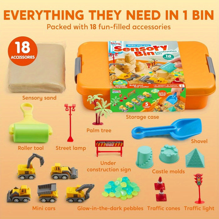 DIY Construction Sensory Bin for Toddlers with Glow in The Dark Stones, Sandbox with Lid Castle Building kit, Preschool Learning Activities Gifts for Boys Girls Age 3+