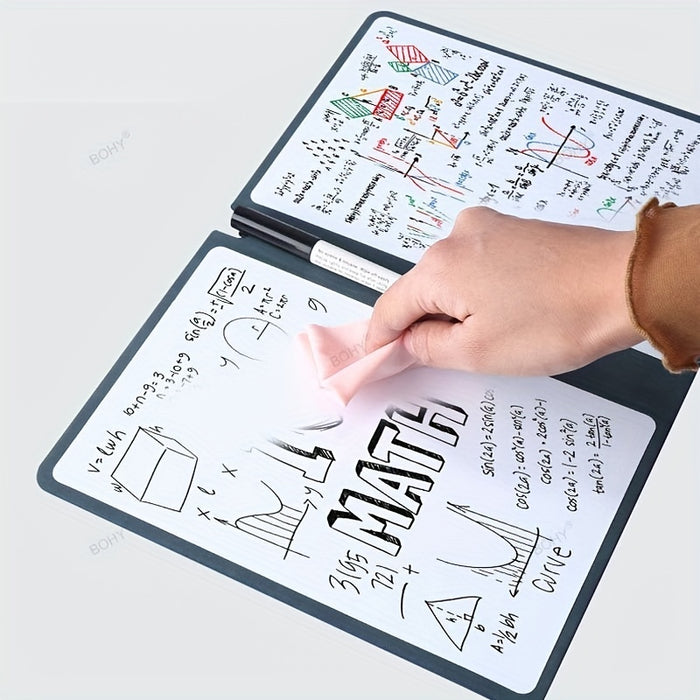 A5 Reusable Whiteboard Notebook with Faux Leather Cover - Portable Weekly Planner, Math Formulae & Illustrations Erase Cleanly, Includes Pen & Cloth, Ideal for Office & School, Notebooks for School