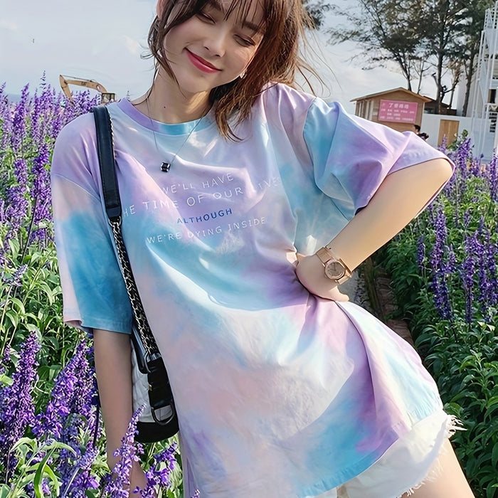 Letter Print Crew Neck T-Shirt, Casual Short Sleeve Top for Spring & Summer, Women's Clothing