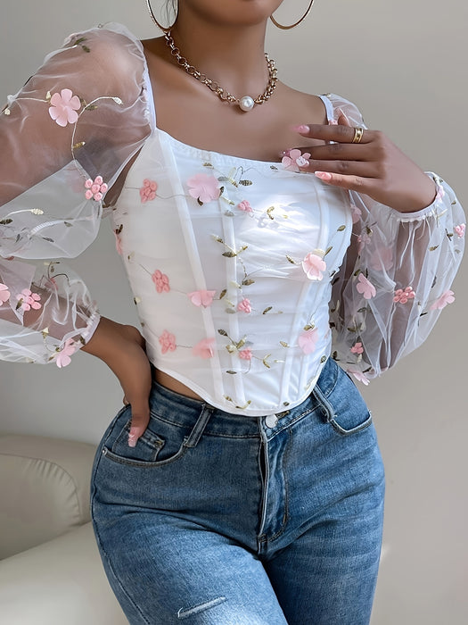 Off-the-Shoulder Contrast Mesh Floral Embroidered Sheer Bodice with Boning Details, Polyester Blend Raglan Long Sleeve Top with Medium Stretch - Elegant all-season Pullover