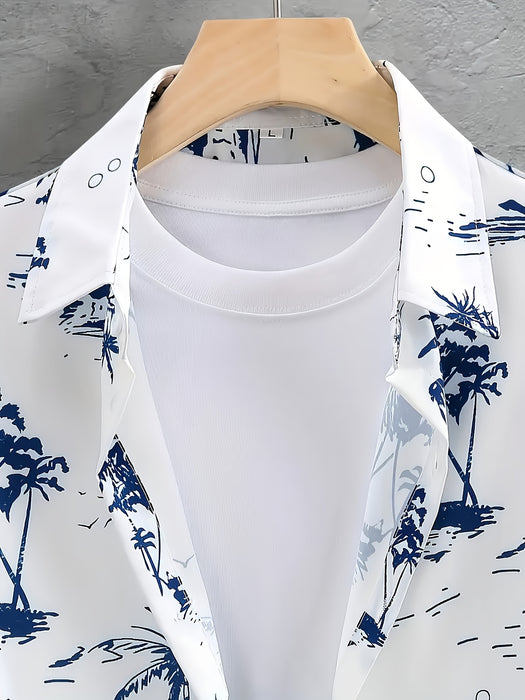 Men'S Casual Summer Tropical Print Short Sleeve Shirt & Drawstring Shorts Set - Comfortable Polyester Fabric, White with Blue Palm Tree Design, Perfect for Beach, Vacation, or Everyday Wear, Vacation Attire|Tropical Print Shi