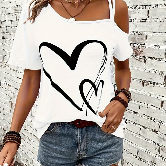 Heart Print Asymmetrical Backless Cold Shoulder T-Shirt for Women