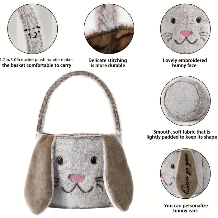 Customizable Easter Bunny Plush Basket with Embroidered Name - Soft Polyester Rabbit Ear Design Candy & Egg Hunt Basket, Perfect for Holiday Parties, Gifts, and Decorations (Blue, Pink, Beige)