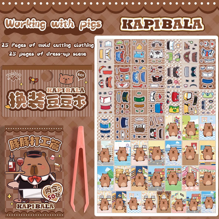 50pcs Kawaii Capybara Sticker Cute Dress-up Mini Pocket Portable Sticker Korean Stationery Children Sticker Set Cartoon Stickers