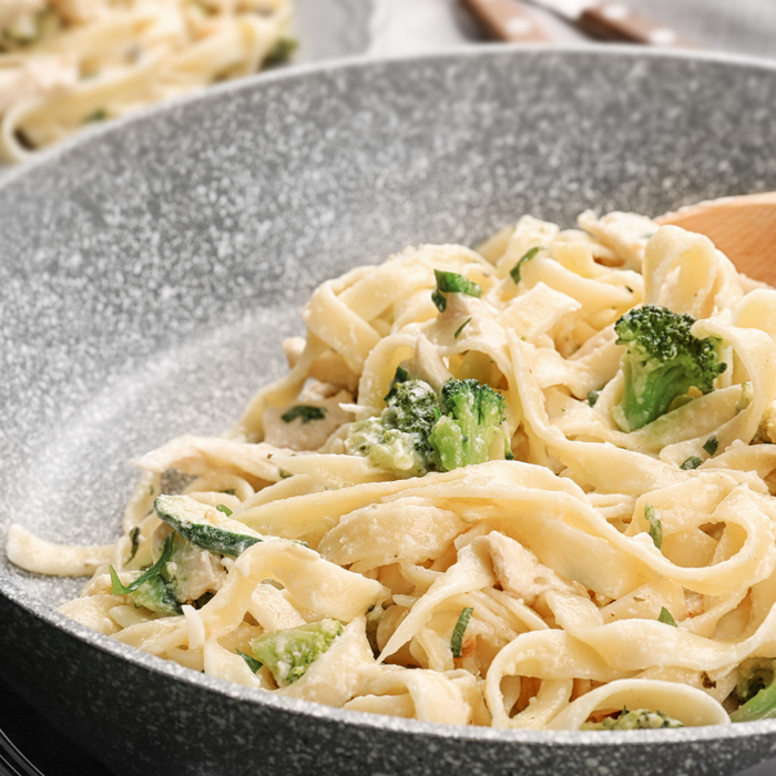 Creamy garlic parmesan pasta in a nonstick pot